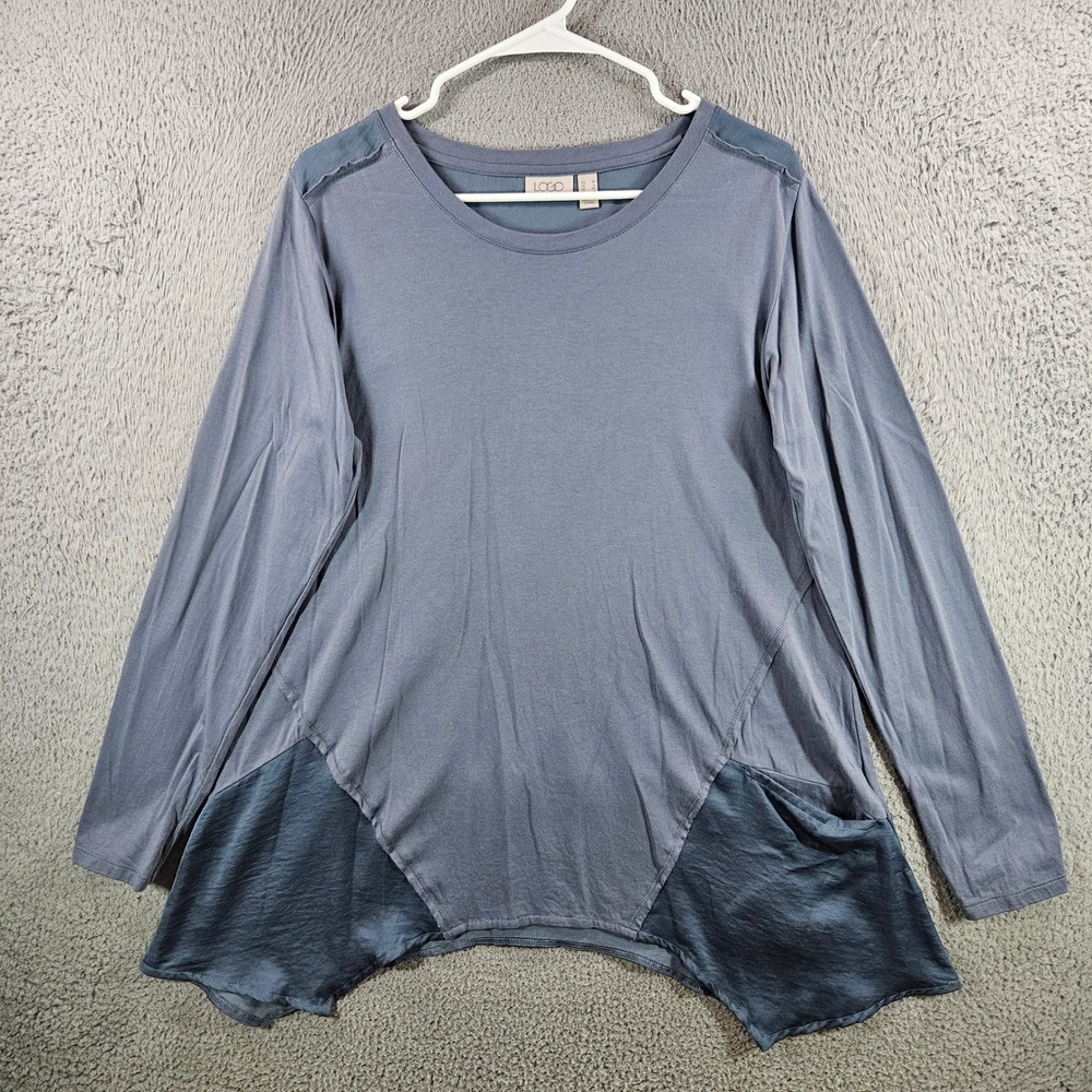 LOGO Lori Goldstein Womens Blue Gray‎ Mixed Media Sharkbite Tunic Top Size M